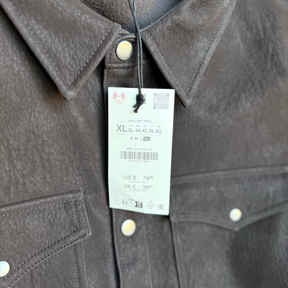 New Zara Relaxed Fit Faux Leather Overshirt Jacket Brown Pockets Button Size XL - Picture 11 of 16